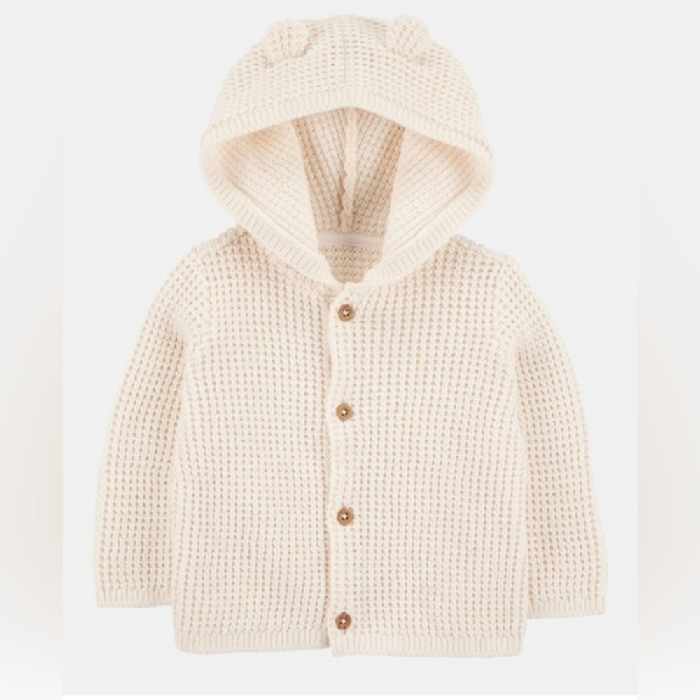 New Carter’s Natural White Textured Cardigan Sweater Bear Ears Hooded 3 Months